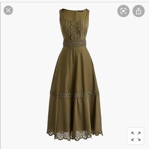 J Crew Midi Scoopneck Dress with Eyelet Trim Olive